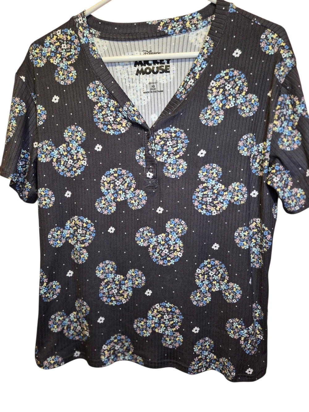 Disney Men's Short Sleeve Mickey Floral Shirt - Black with Blue & White Accents